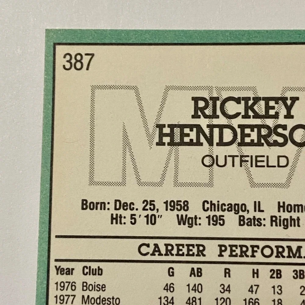Vintage Donruss Leaf MVP 1990 Rickey Henderson Error ( INC no . ) MLB Card #387